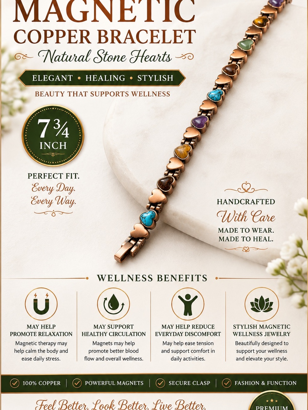 Magnetic Copper Heart Bracelet with Multicolor Natural Stones